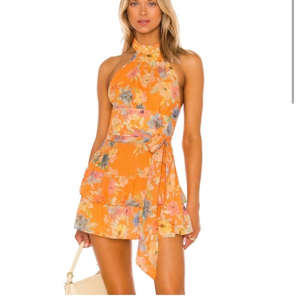 Amanda Uprichard Orange Floral Halter Mini Dress